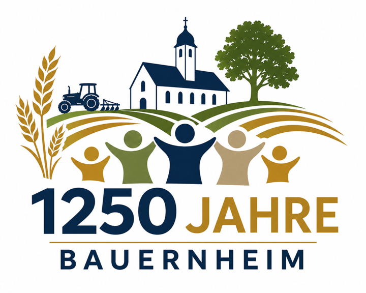 Jubiläumslogo: 1250 Jahre Bauernheim mit Kirche, Eiche, Traktor, Ähren und feiernden Menschen